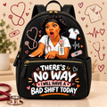 “No Bad Shift” Nurse Backpack — Black on a beige nursing-themed background