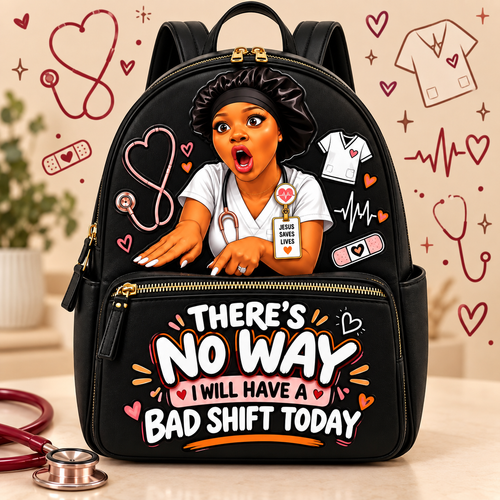 “No Bad Shift” Nurse Backpack — Black on a beige nursing-themed background