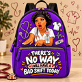“No Bad Shift” Nurse Backpack — Purple on a beige nursing-themed background