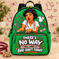 “No Bad Shift” Nurse Backpack — Green on a beige nursing-themed background