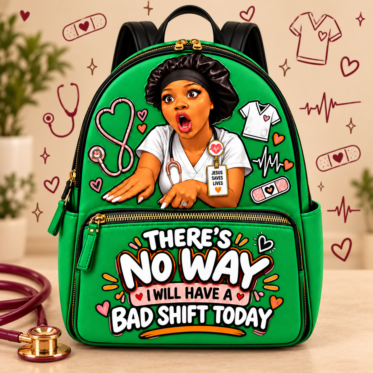 “No Bad Shift” Nurse Backpack — Green on a beige nursing-themed background