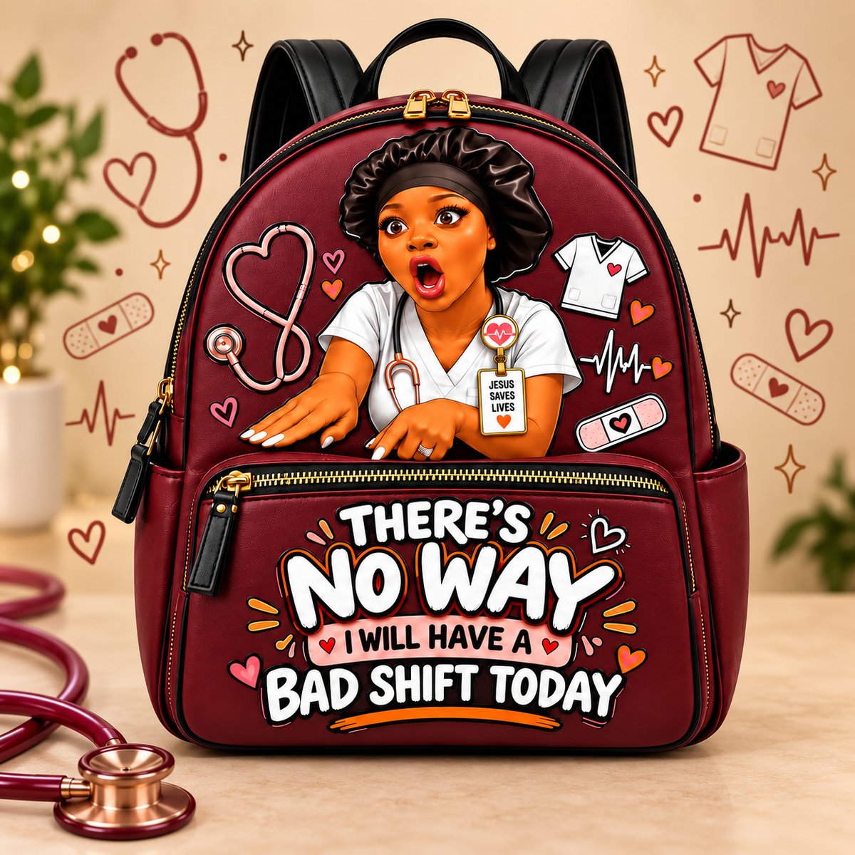 “No Bad Shift” Nurse Backpack — Wine Red on a beige nursing-themed background