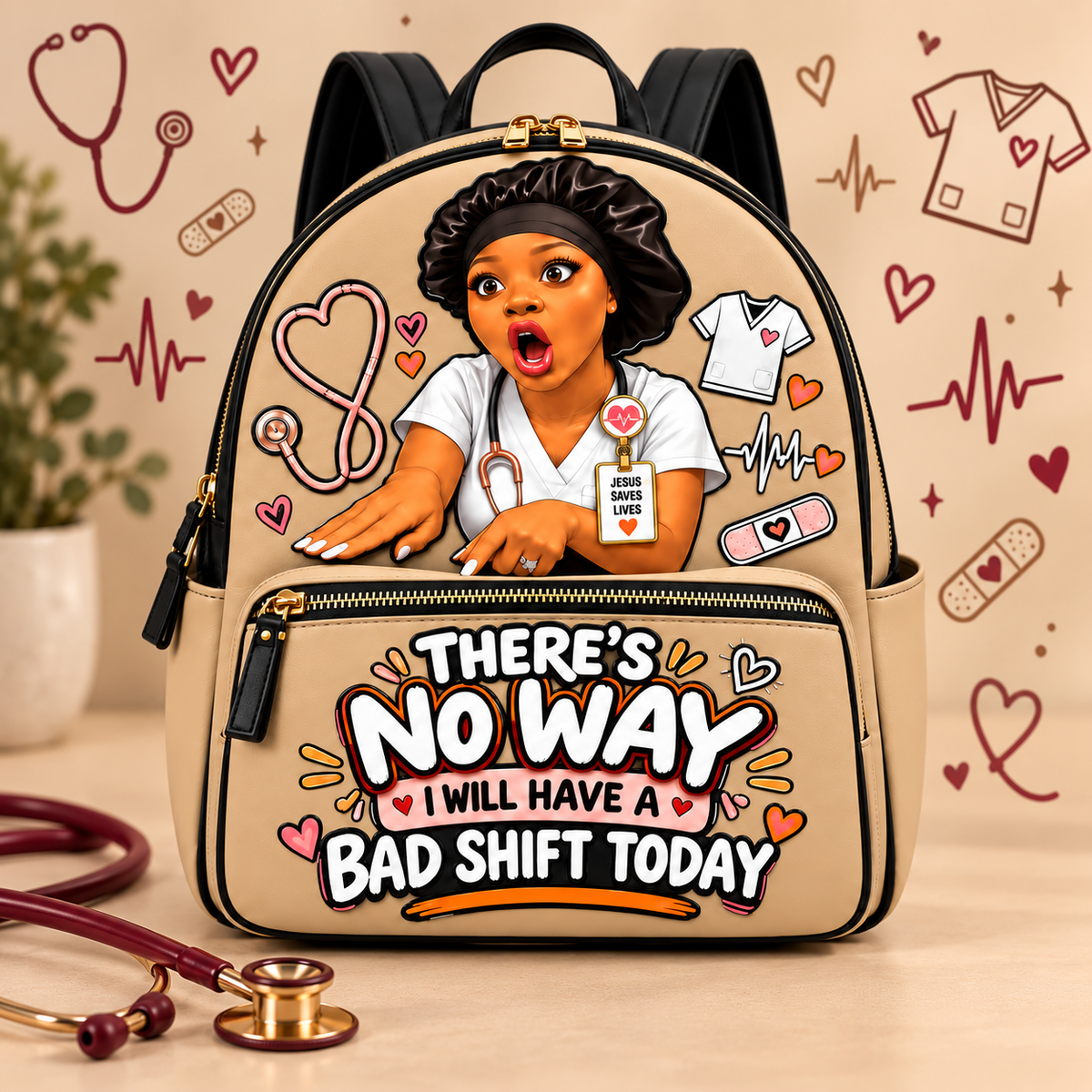 “No Bad Shift” Nurse Backpack — Beige on a beige nursing-themed background