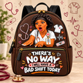 “No Bad Shift” Nurse Backpack — Brown on a beige nursing-themed background