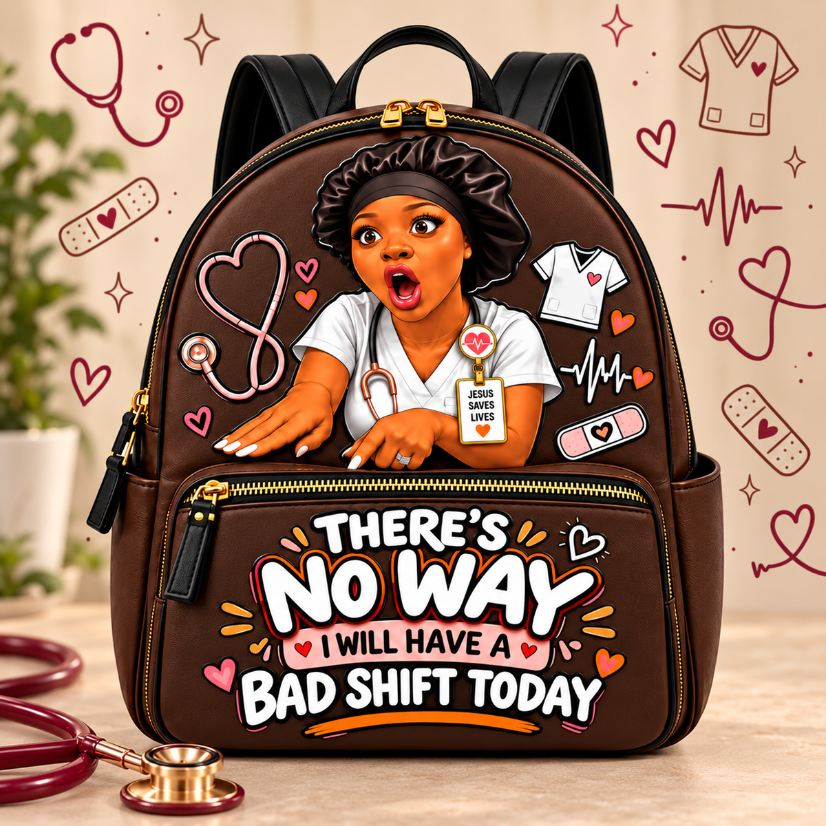 “No Bad Shift” Nurse Backpack — Brown on a beige nursing-themed background