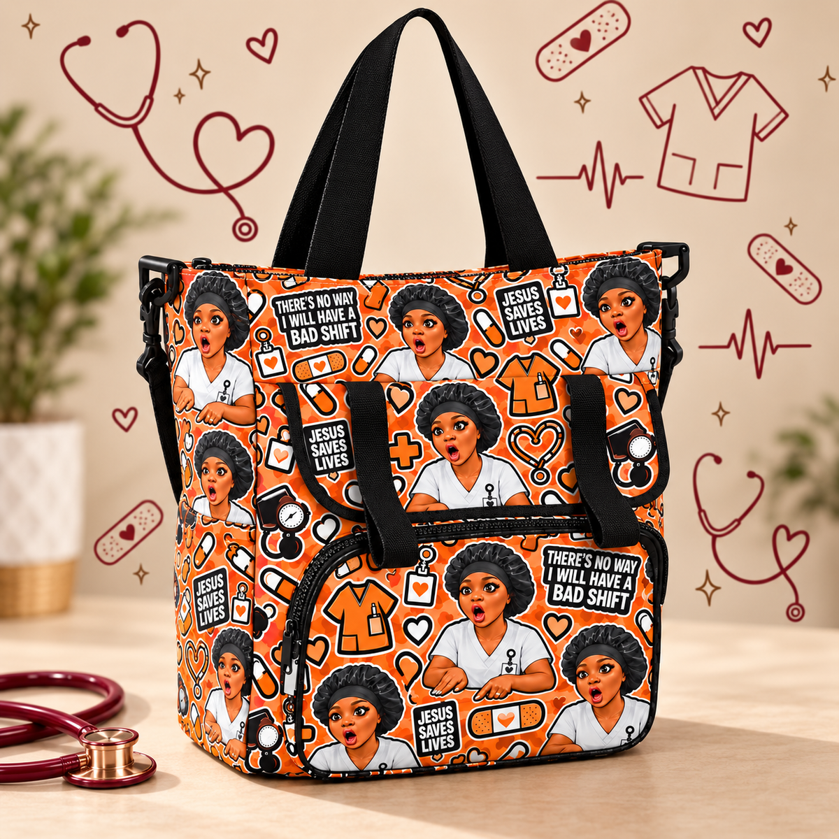 “No Bad Shift” Cloth Nurse Bag — Orange on a beige nursing-themed background