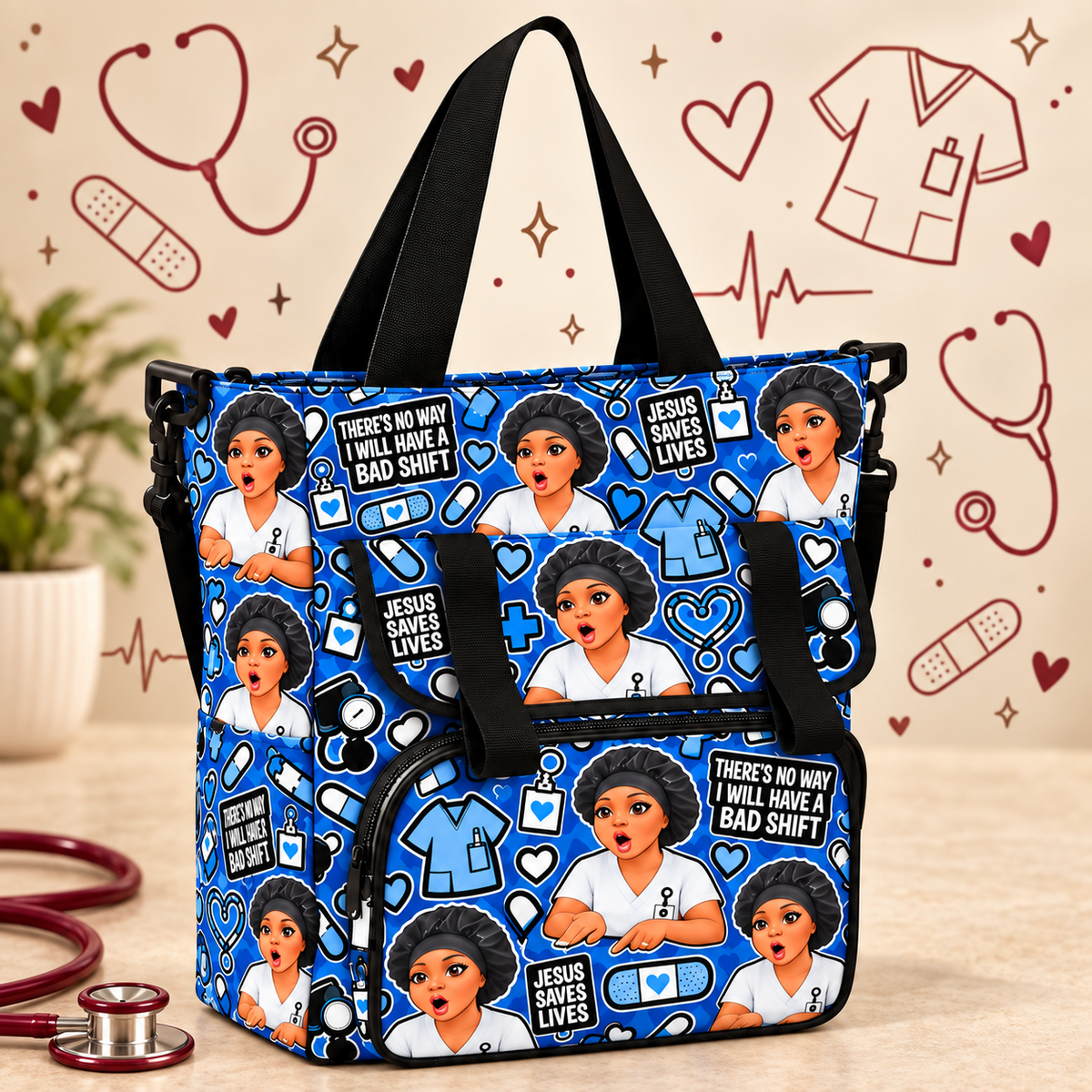 “No Bad Shift” Cloth Nurse Bag — Blue on a beige nursing-themed background