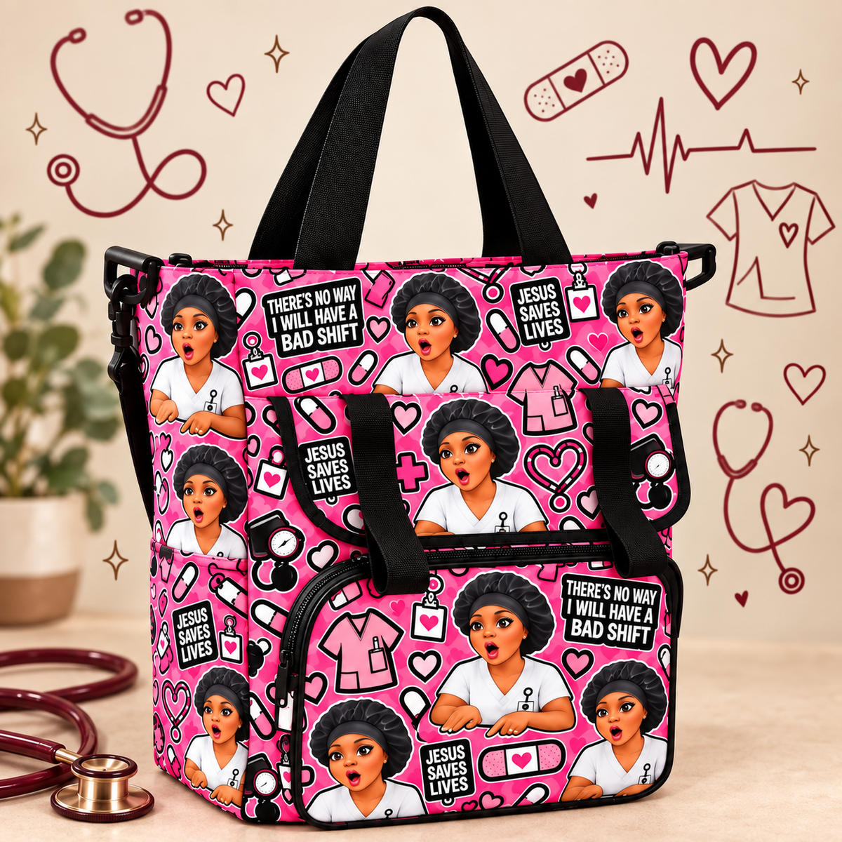 “No Bad Shift” Cloth Nurse Bag — Pink on a beige nursing-themed background