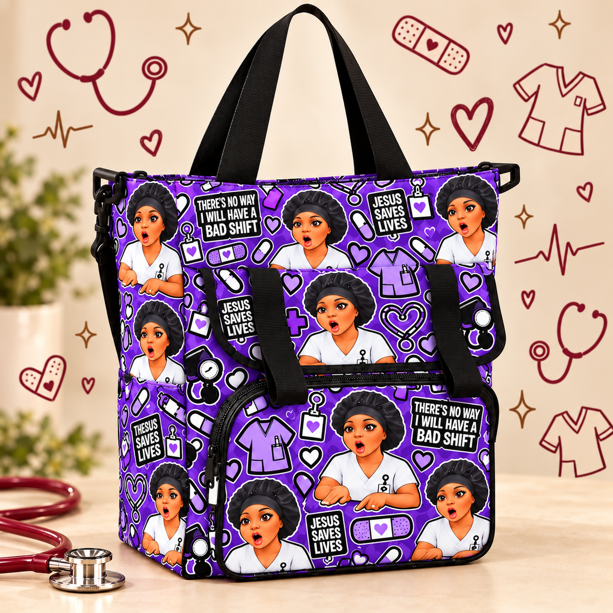 “No Bad Shift” Cloth Nurse Bag — Purple on a beige nursing-themed background