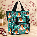 “No Bad Shift” Cloth Nurse Bag — Teal on a beige nursing-themed background