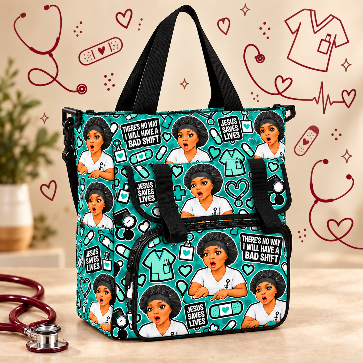 “No Bad Shift” Cloth Nurse Bag — Teal on a beige nursing-themed background