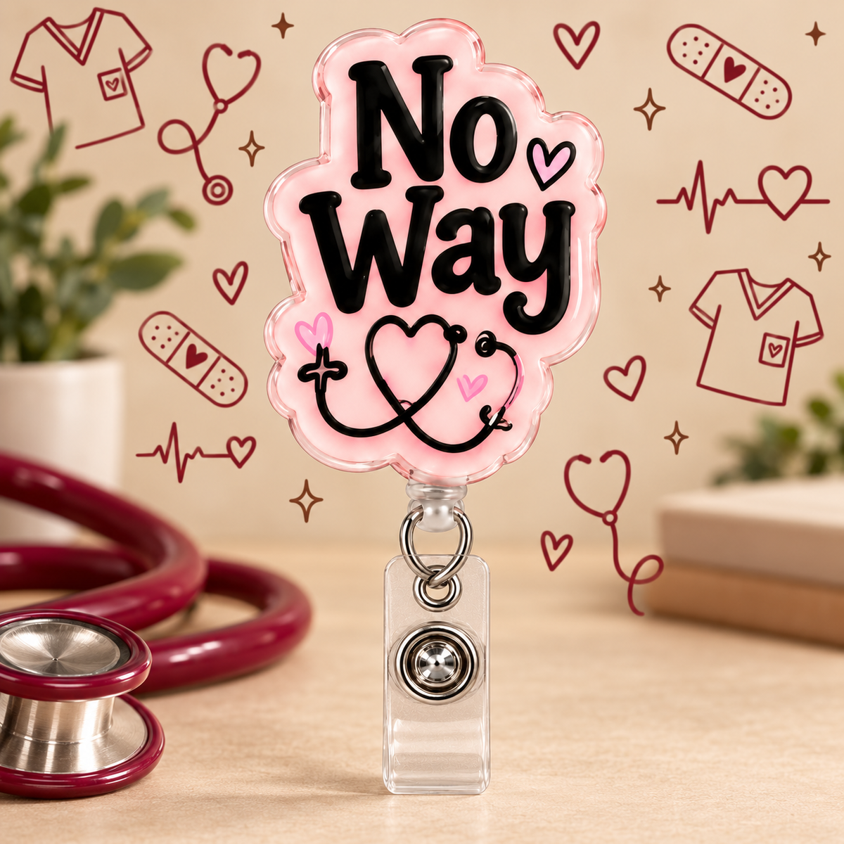 Pink No Way Badge Reel on a beige nursing-themed background