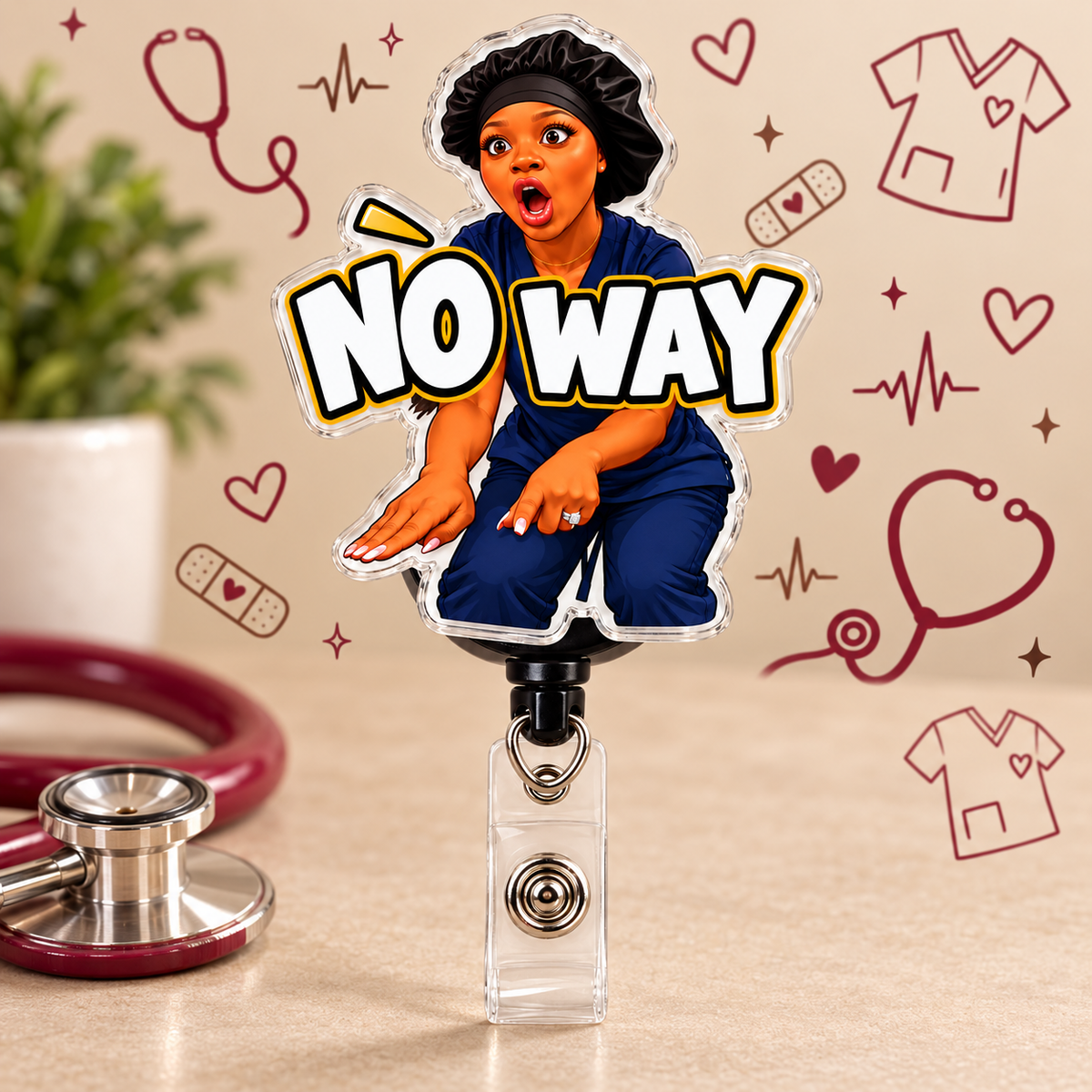 Nurse Liz NO WAY Picture Badge Reel on a beige nursing-themed background